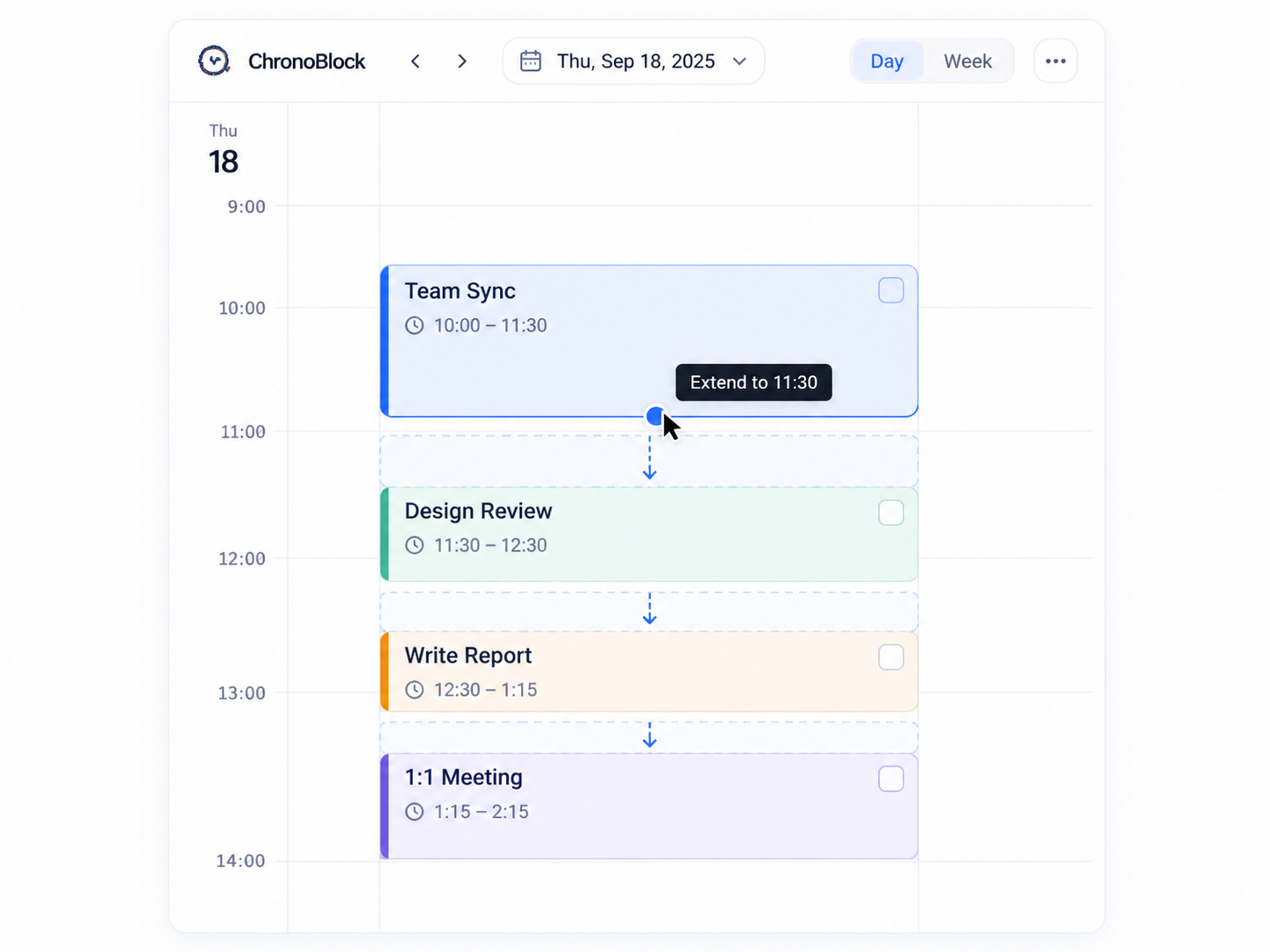 Moving and resizing a time block on the calendar