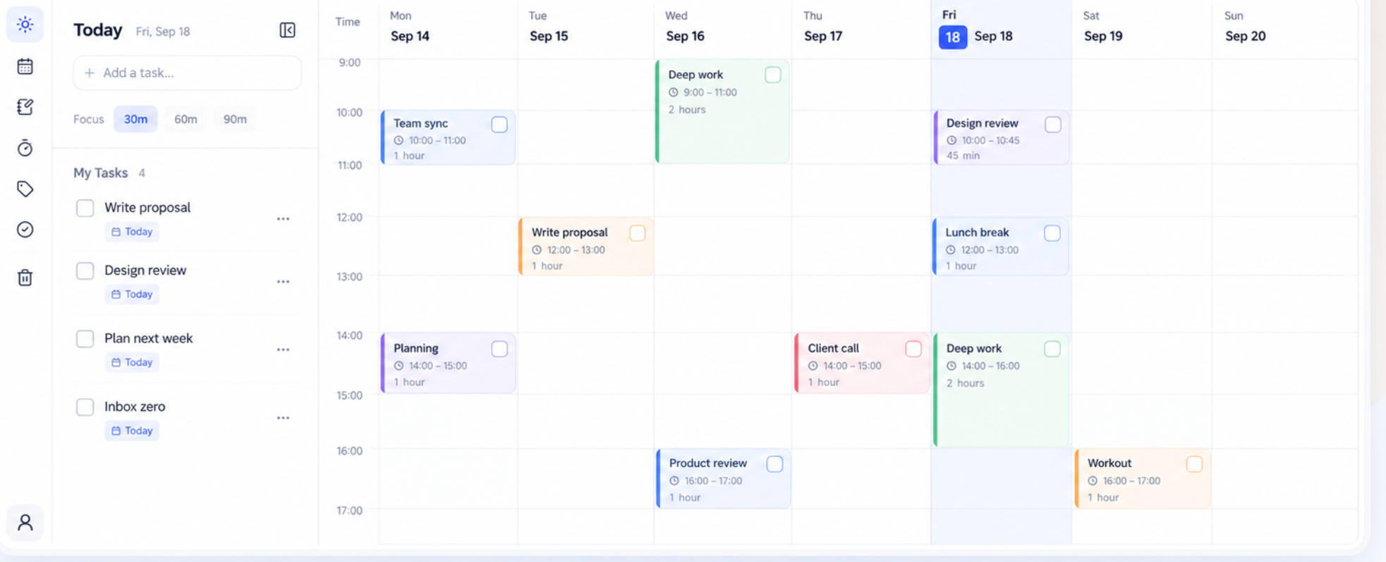 Daily calendar timeline showing time blocks at a glance