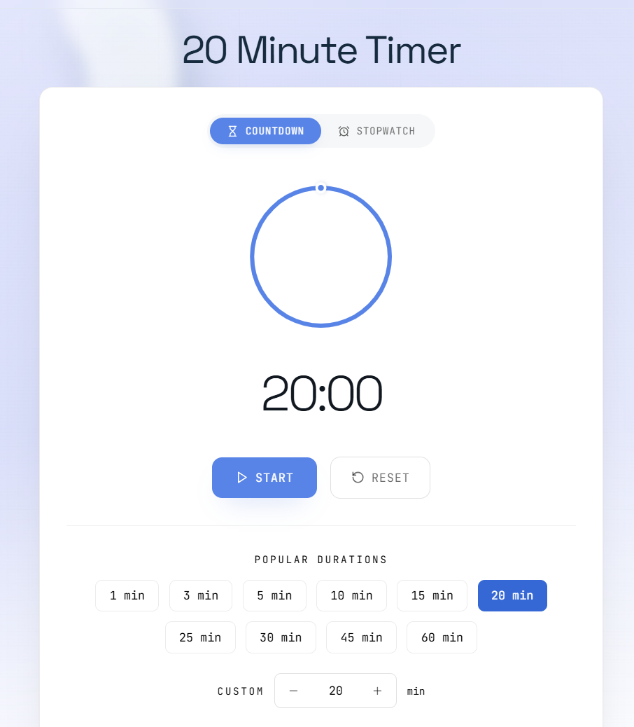 Focus timer with countdown, start and reset buttons, and length presets