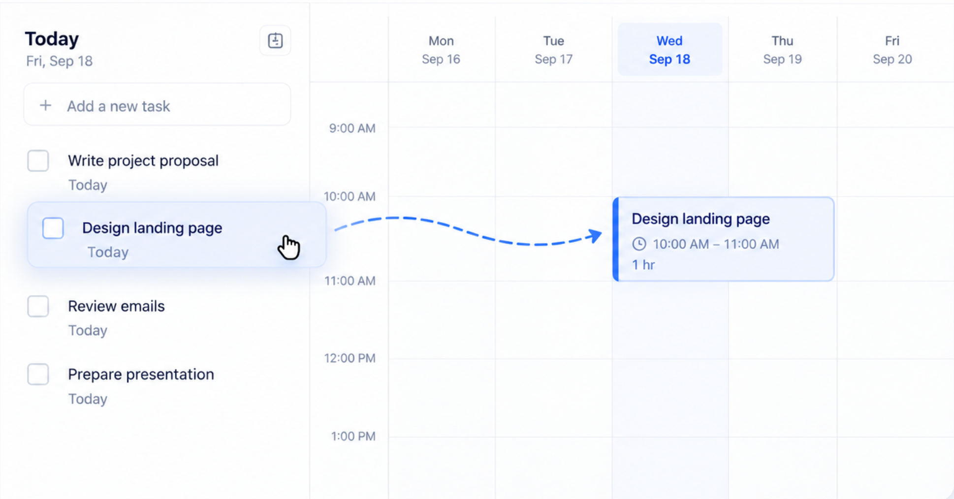 Task list next to a calendar with a task being dragged into a time block