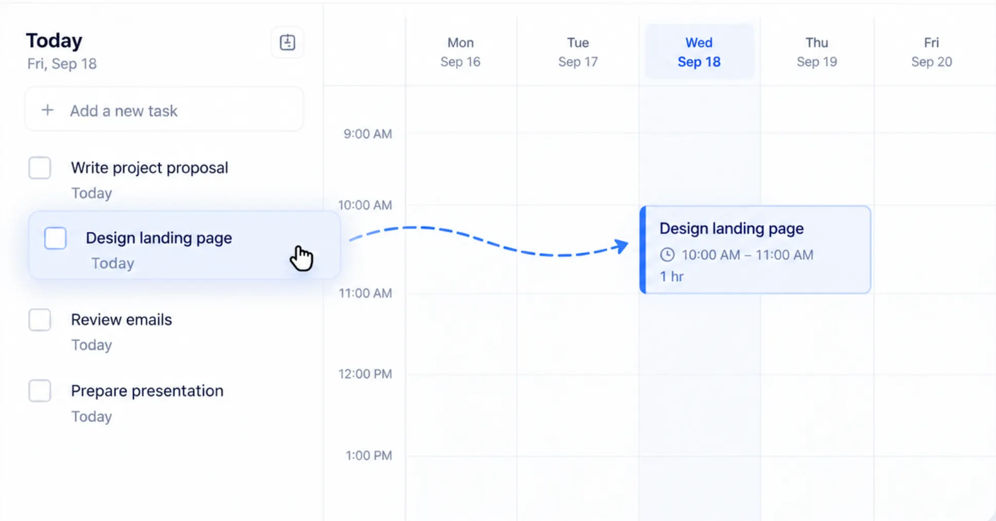 Task list next to a calendar with a task being dragged into a time block